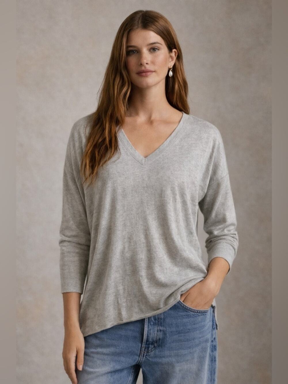 Eileen Fisher Organic Cotton & Lyocell Sweater Light Gray V Neck Luxury Small